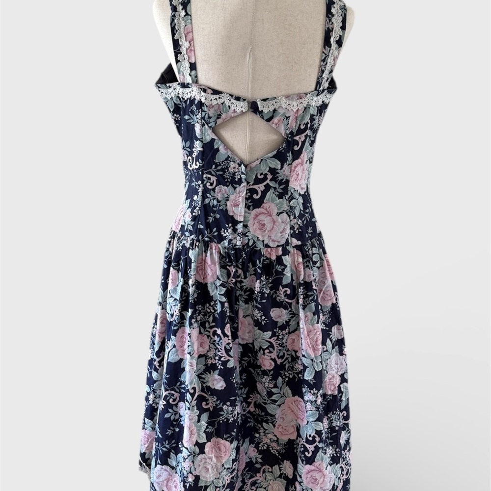 Vintage 1980s Scott McClintock Gunne Sax Floral Navy and Pink Dress - Picture 6 of 8